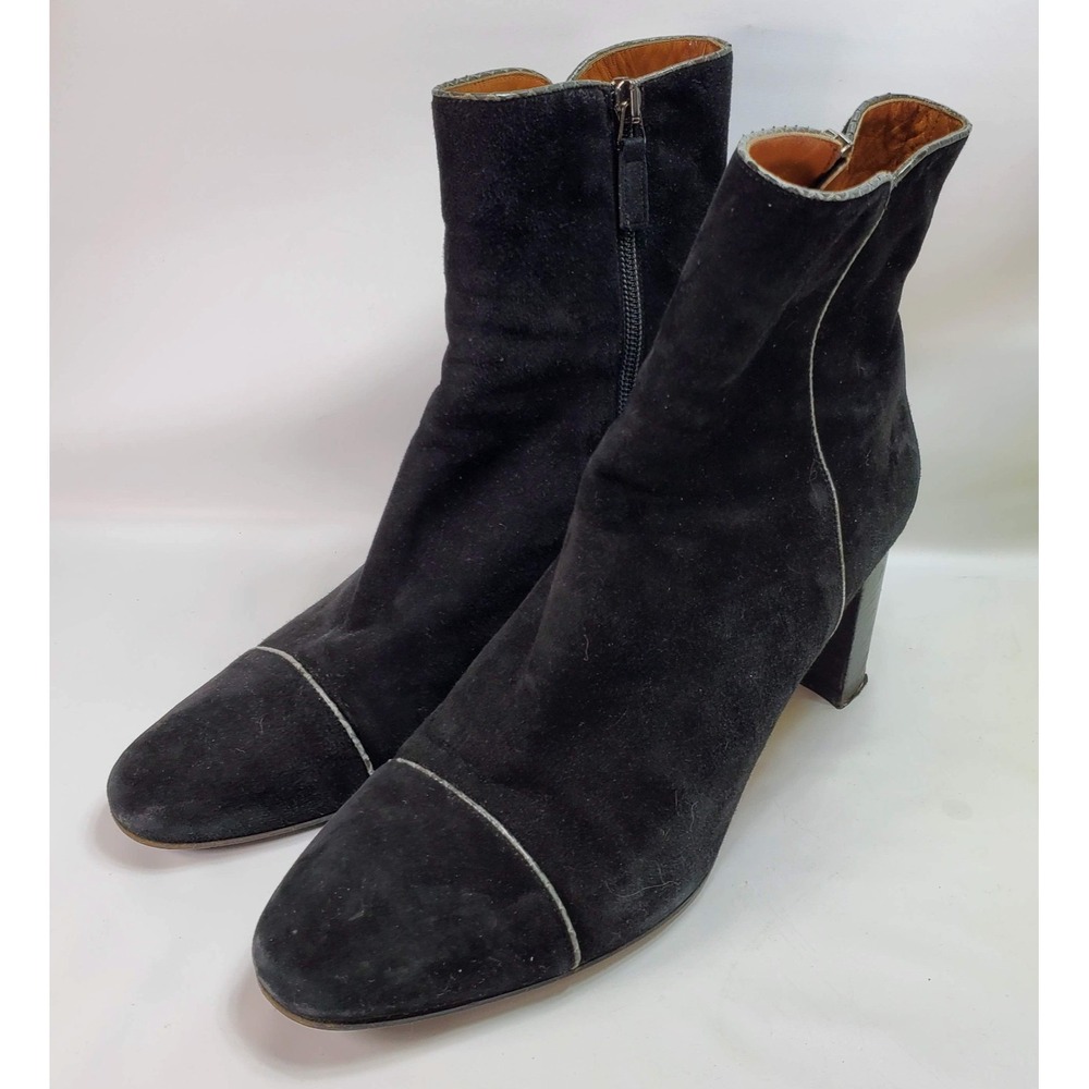 Aquatalia Black Suede Cap Toe Ankle Boots Block Heel Side Zip Women Shoes Sz 9.5